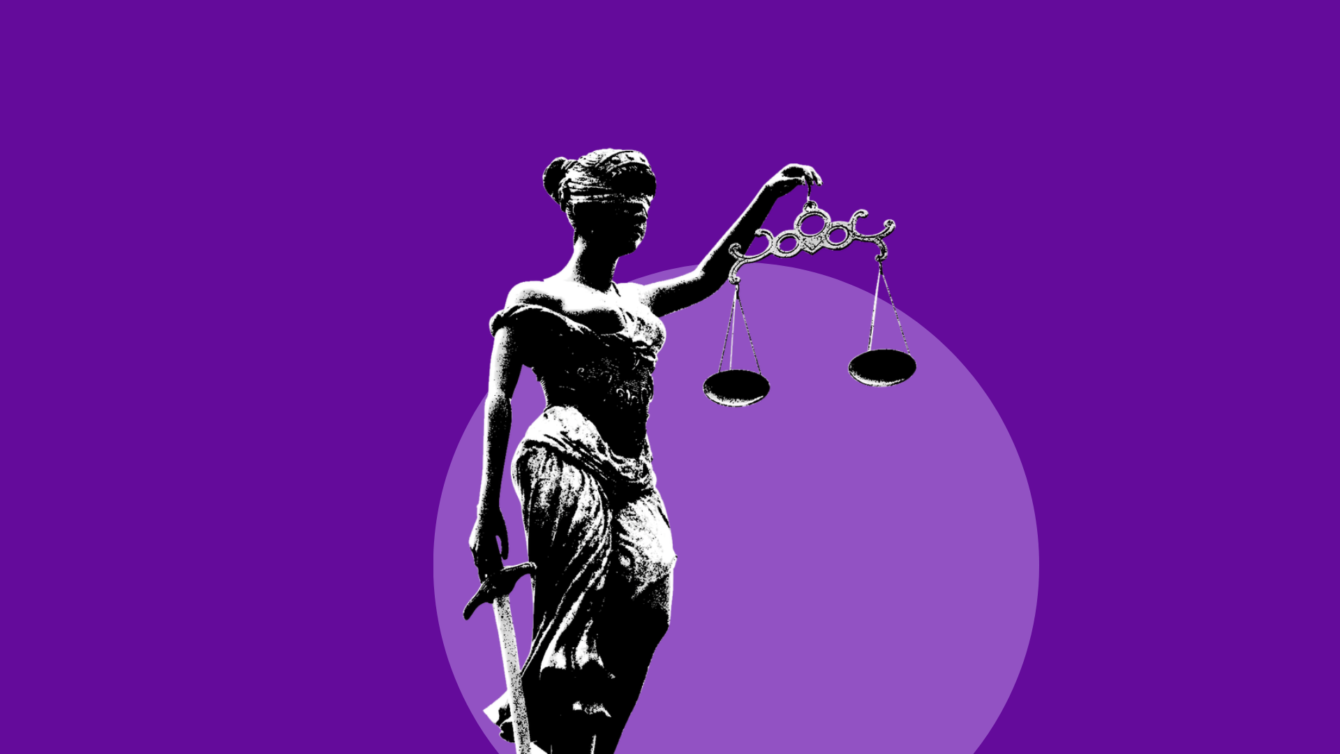 Estátua da Justiça sobre fundo roxo